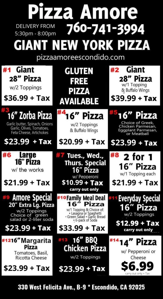 Our Menu Pizza Amore New York Style Pizza Escondido, CA