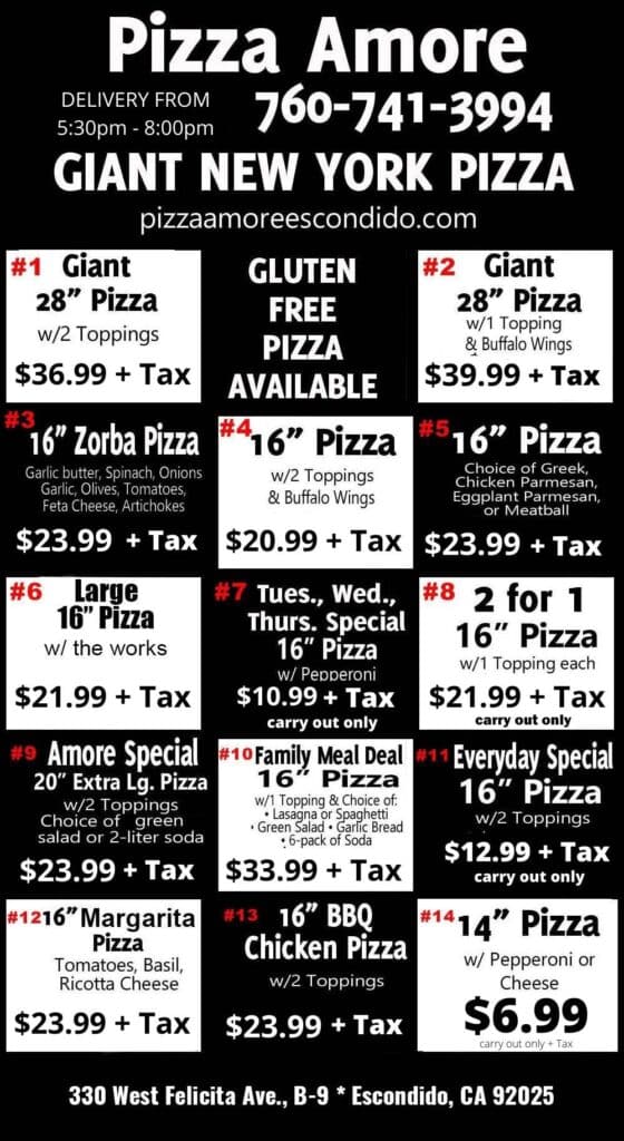 Coupons Pizza Amore New York Style Pizza Escondido, CA