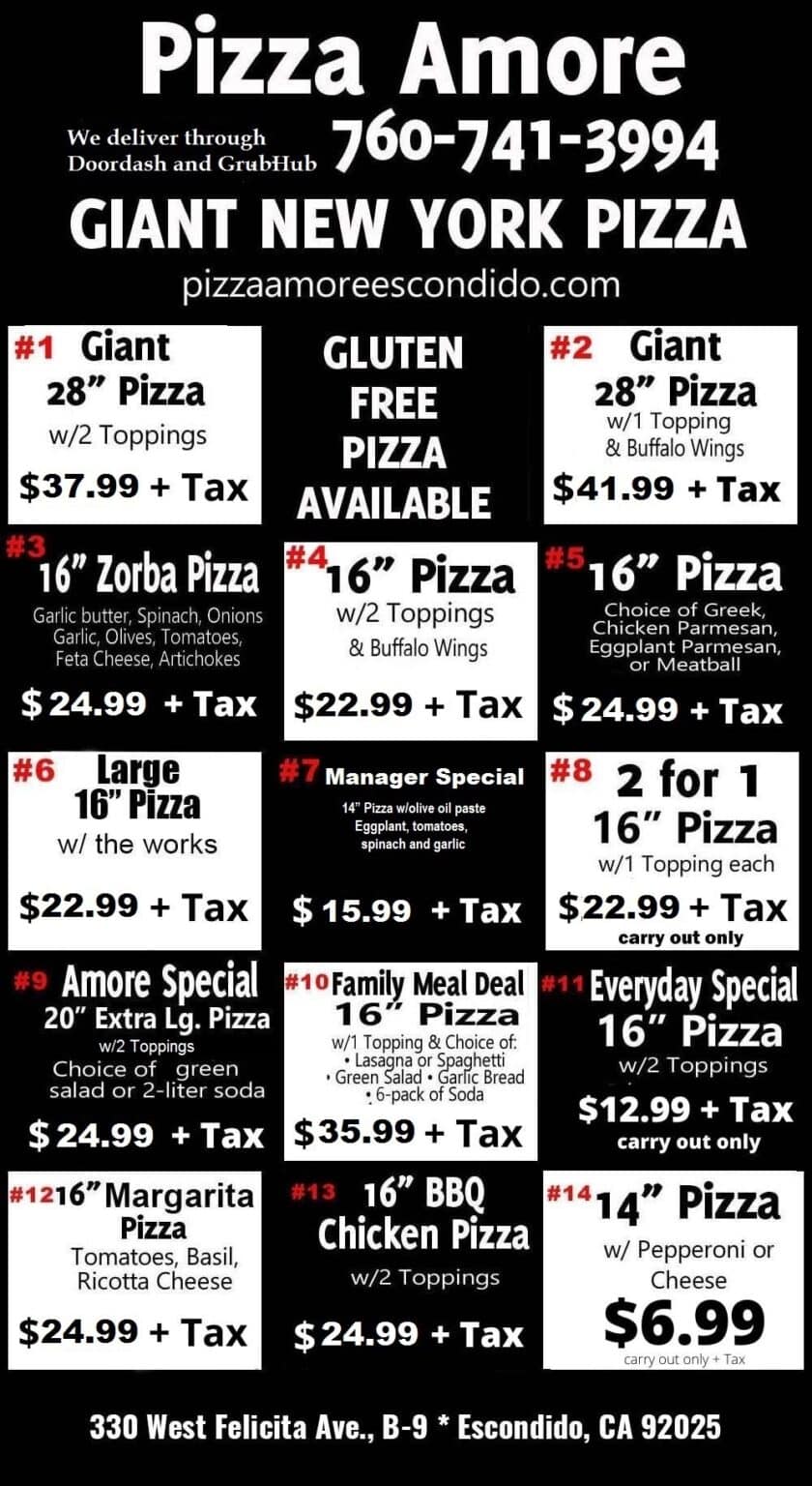 Our Menu Pizza Amore New York Style Pizza Escondido, CA